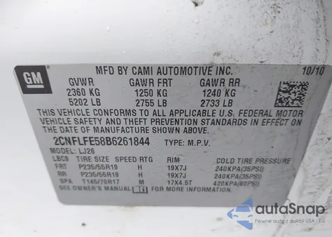 2011 Chevrolet Equinox Ltz from USA, damaged, VIN 2CNFLFE58B6261844